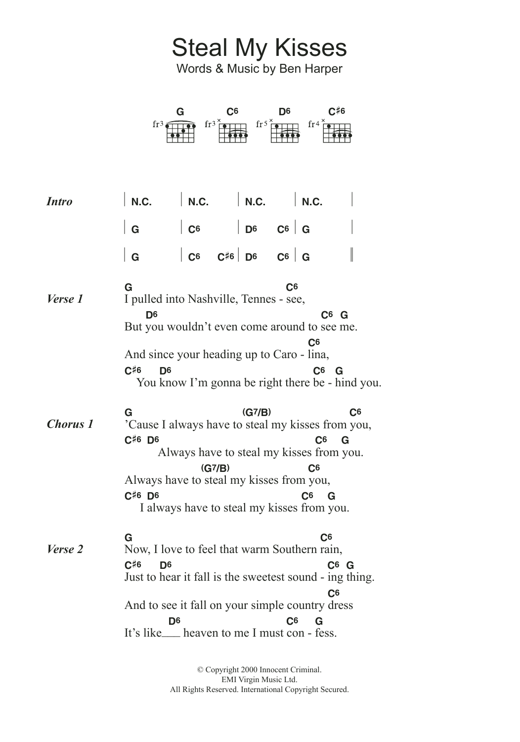 Ben Harper Steal My Kisses sheet music notes and chords arranged for Guitar Chords/Lyrics