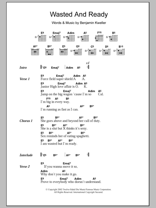 Ben Kweller Wasted And Ready sheet music notes and chords arranged for Guitar Chords/Lyrics