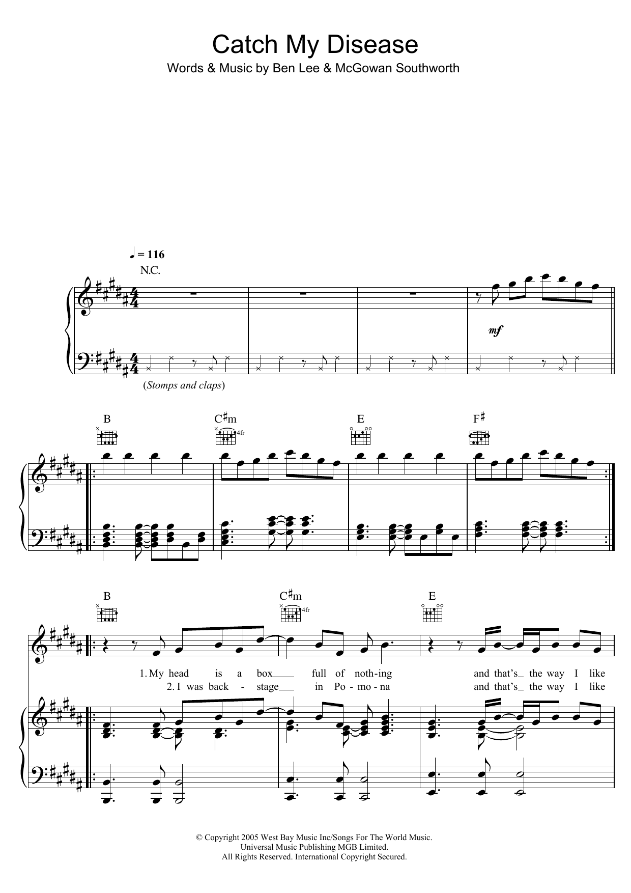 Ben Lee Catch My Disease sheet music notes and chords arranged for Piano, Vocal & Guitar Chords