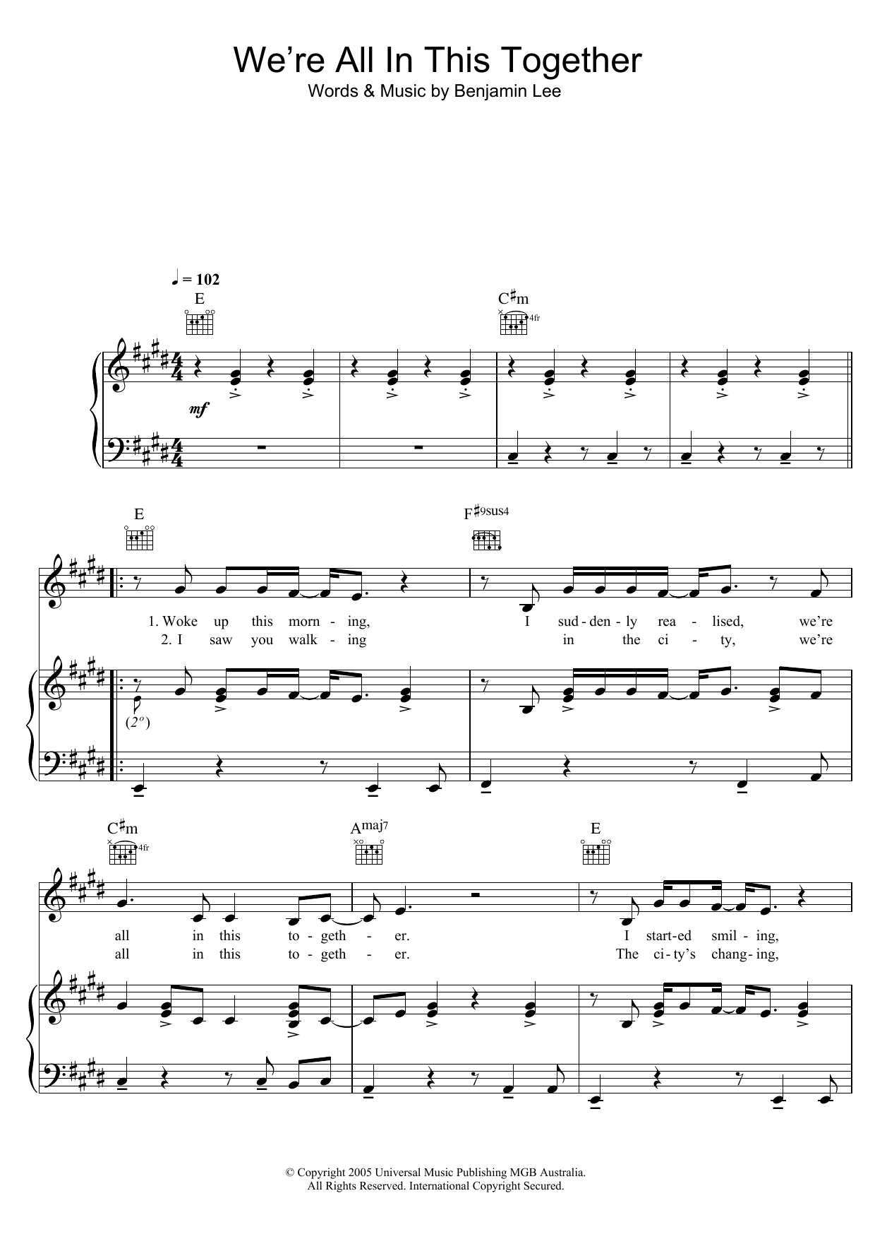 Ben Lee We're All In This Together sheet music notes and chords arranged for Easy Piano