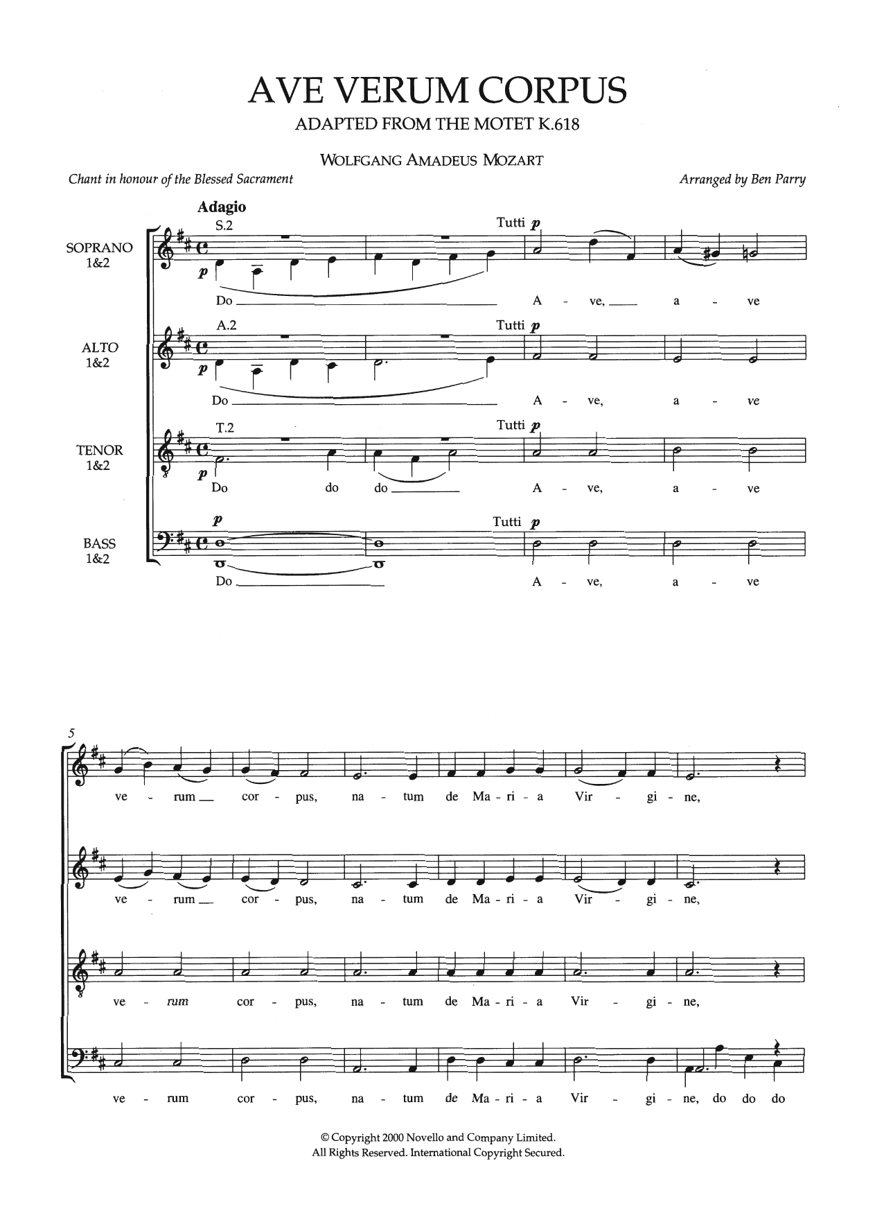 Ben Parry Ave Verum Corpus, K618 (arr. Ben Parry) sheet music notes and chords arranged for Piano, Vocal & Guitar Chords