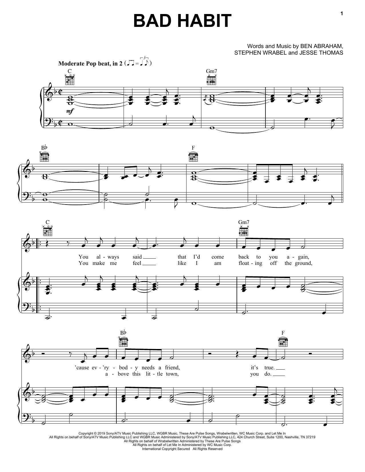 Ben Platt Bad Habit sheet music notes and chords arranged for Piano, Vocal & Guitar Chords (Right-Hand Melody)