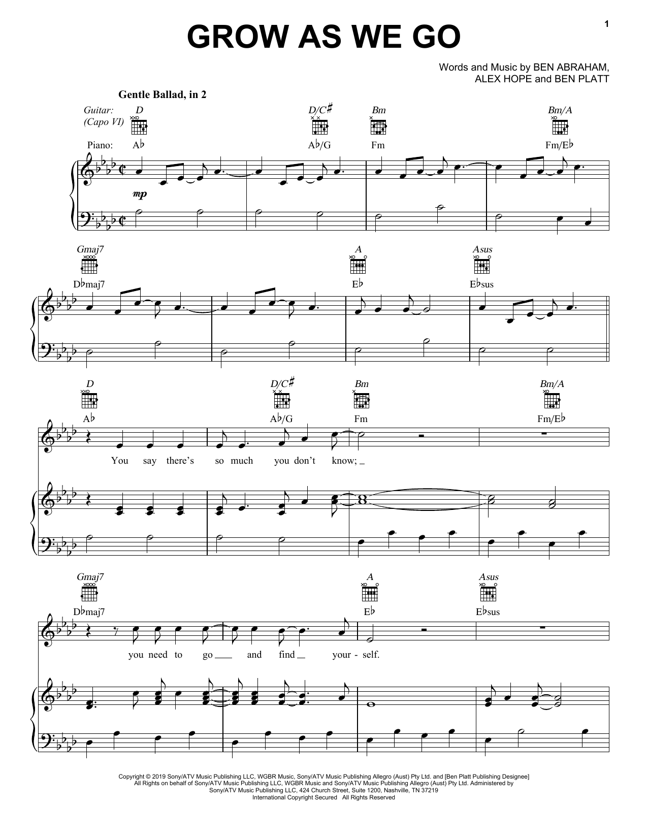 Ben Platt Grow As We Go sheet music notes and chords arranged for Piano, Vocal & Guitar Chords (Right-Hand Melody)