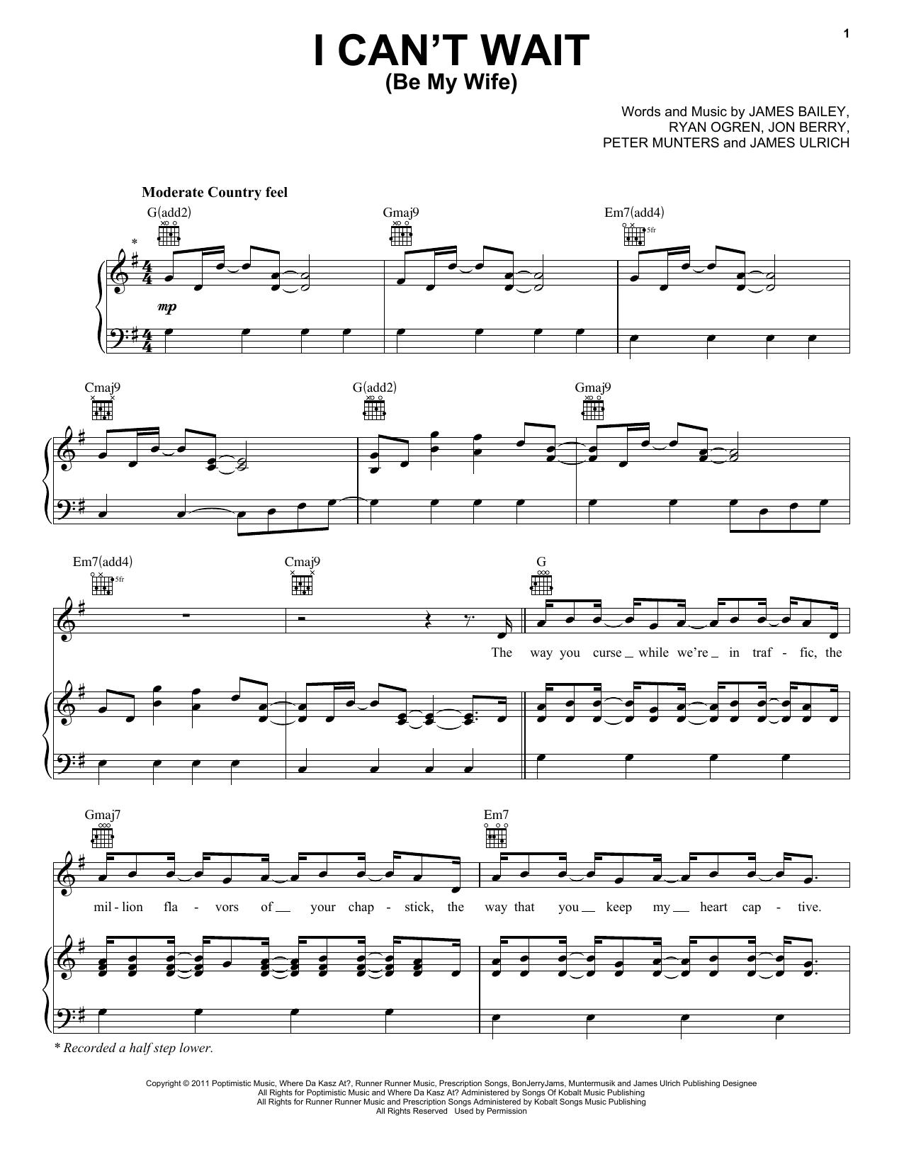 Ben Rue I Can't Wait (Be My Wife) sheet music notes and chords arranged for Piano, Vocal & Guitar Chords (Right-Hand Melody)