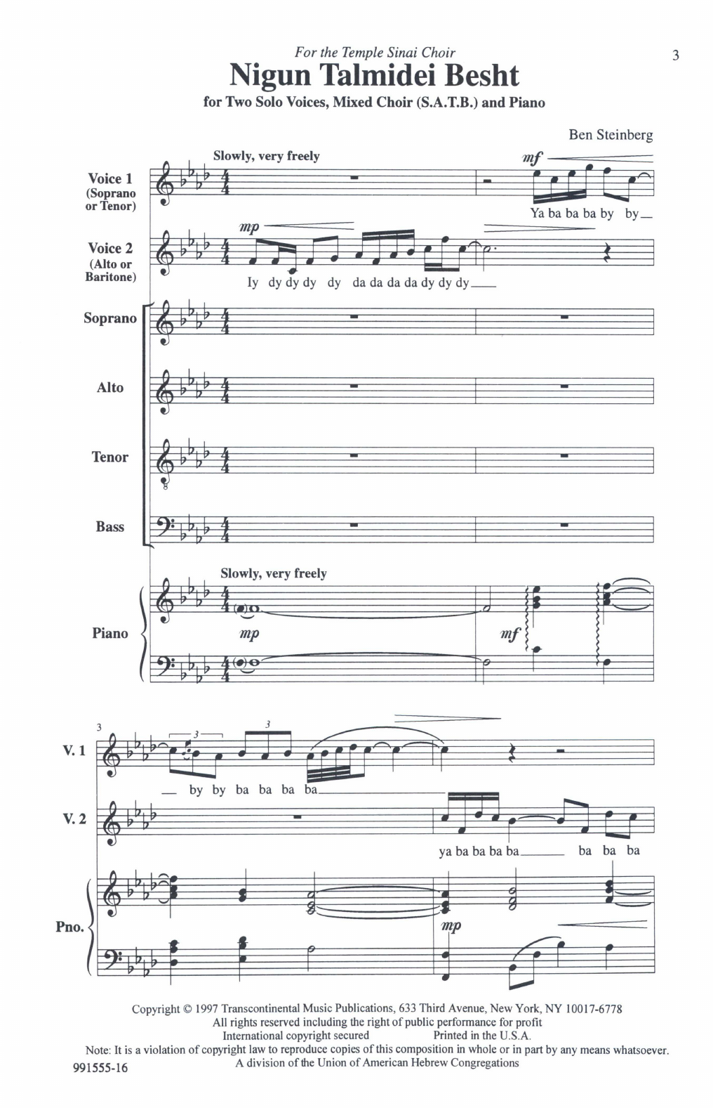 Ben Steinberg Nigun Talmidei Besht sheet music notes and chords arranged for SATB Choir