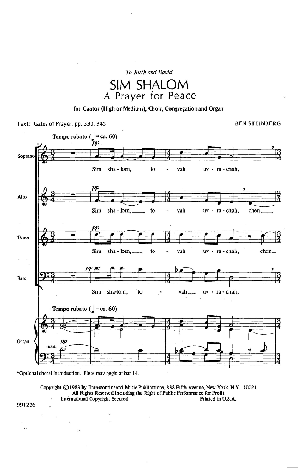 Ben Steinberg Sim Shalom (Prayer For Peace) sheet music notes and chords arranged for SATB Choir