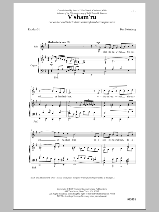 Ben Steinberg V'shamru sheet music notes and chords arranged for SATB Choir