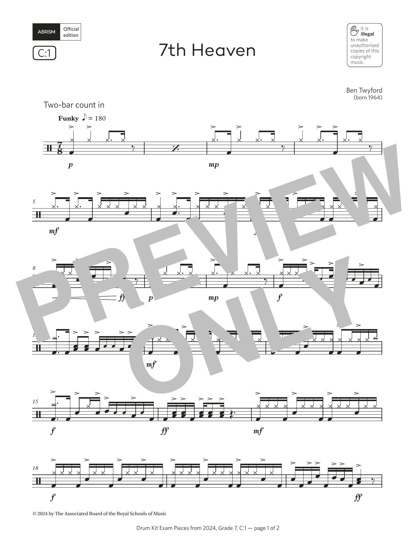 Ben Twyford 7th Heaven (Grade 7, list C1, from the ABRSM Drum Kit Syllabus 2024) sheet music notes and chords arranged for Drums