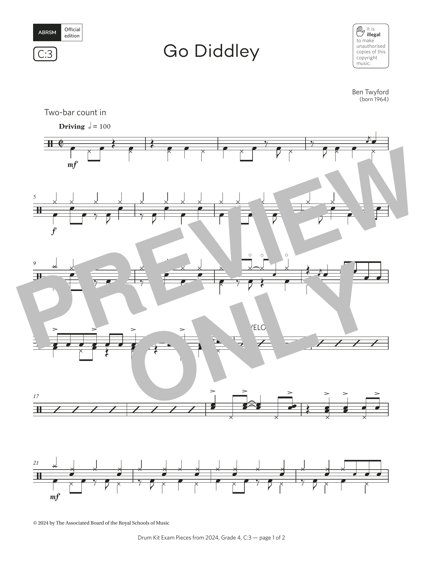 Ben Twyford Go Diddley (Grade 4, list C3, from the ABRSM Drum Kit Syllabus 2024) sheet music notes and chords arranged for Drums