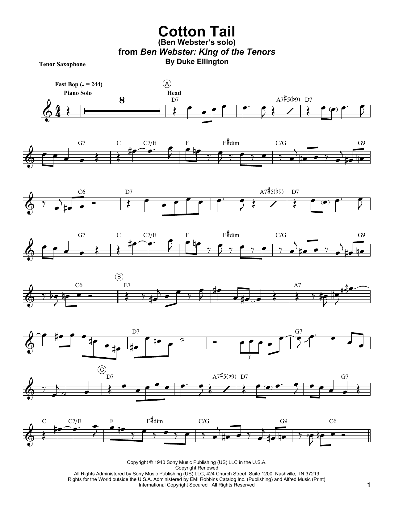 Ben Webster Cotton Tail sheet music notes and chords arranged for Tenor Sax Transcription