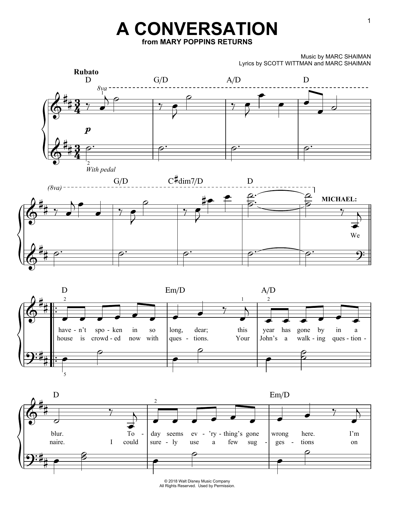 Ben Whishaw A Conversation (from Mary Poppins Returns) sheet music notes and chords arranged for Easy Piano