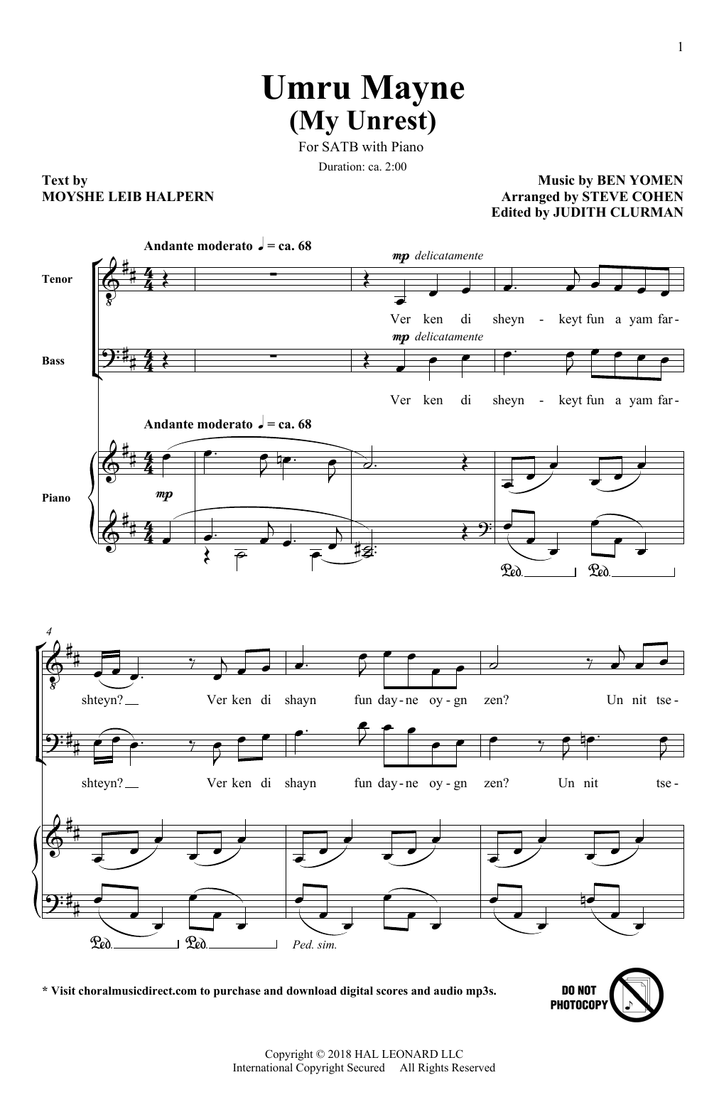 Ben Yomen Umru Mayne (My Unrest) (arr. Steve Cohen) sheet music notes and chords arranged for SATB Choir