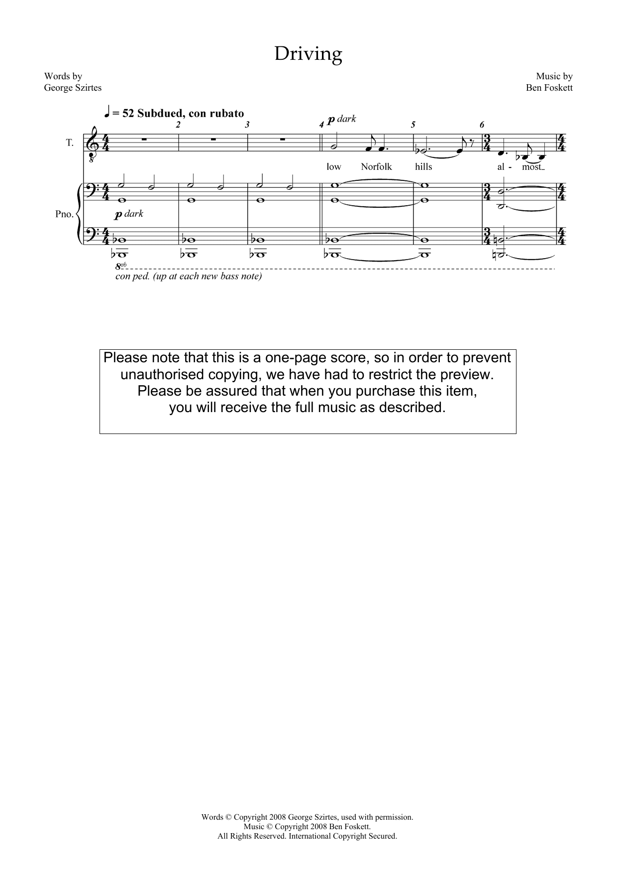 Ben Foskett Driving (for tenor and piano) sheet music notes and chords arranged for Piano & Vocal
