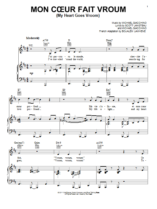 Benabar Mon Coeur Fait Vroum (My Heart Goes Vroom) (from Cars 2) sheet music notes and chords arranged for Piano, Vocal & Guitar Chords (Right-Hand Melody)