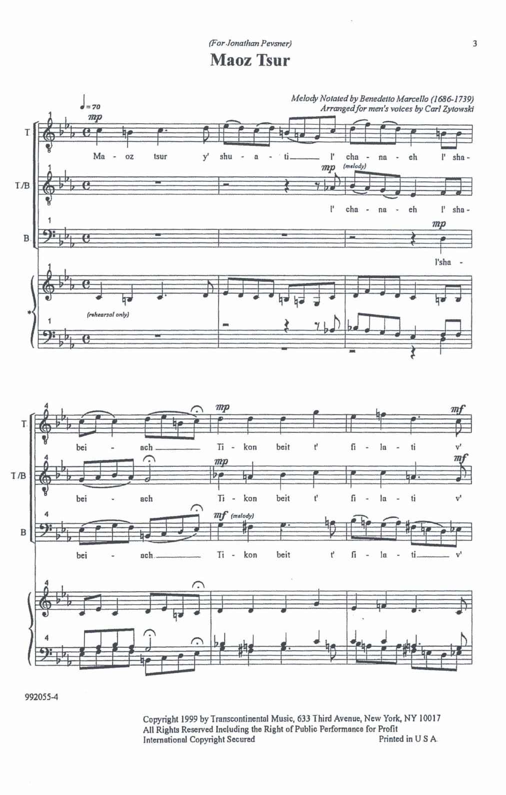 Benedetto Marcello Maoz Tsur (Men's Voices) sheet music notes and chords arranged for TTBB Choir