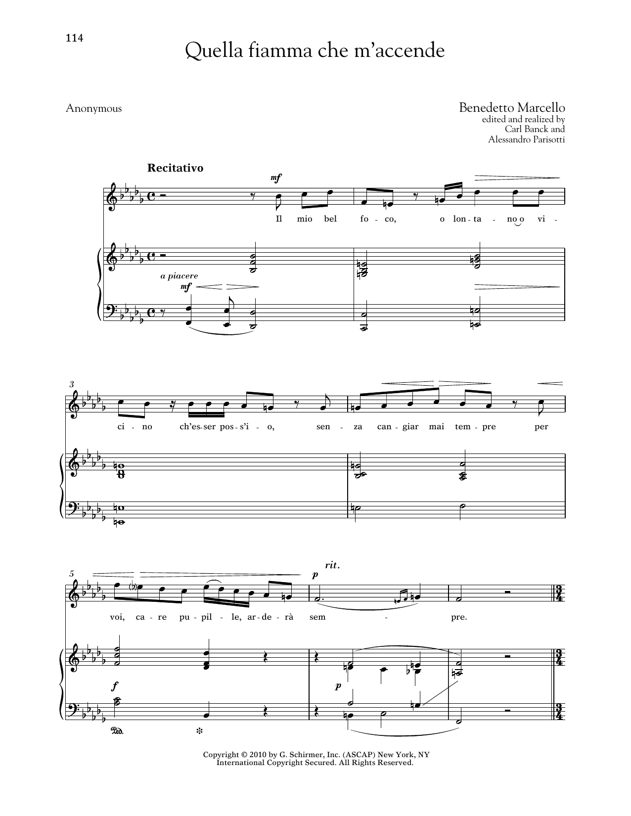 Benedetto Marcello Quella Fiamma Che M'accende (High Voice) sheet music notes and chords arranged for Piano & Vocal