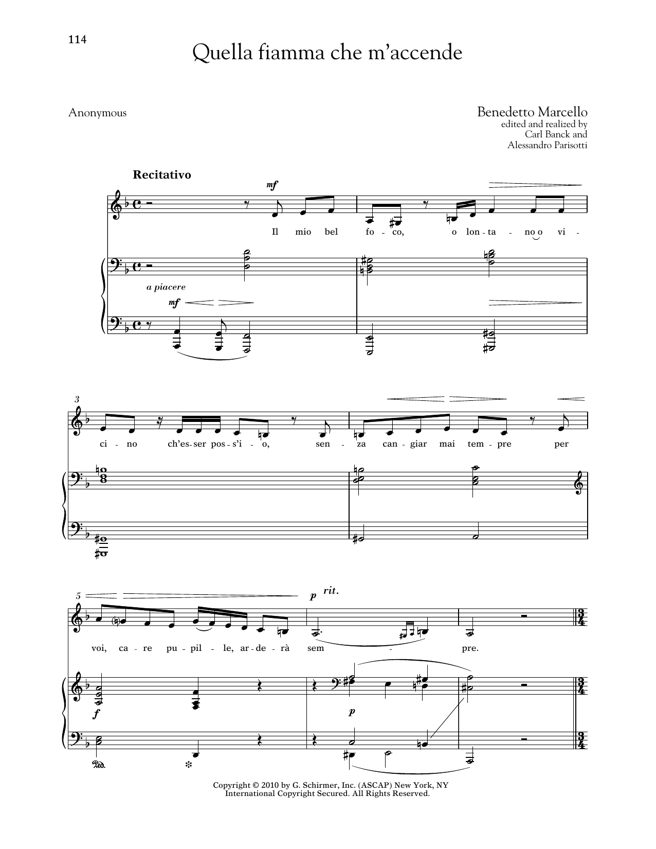 Benedetto Marcello Quella Fiamma Che M'accende (Low Voice) sheet music notes and chords arranged for Piano & Vocal
