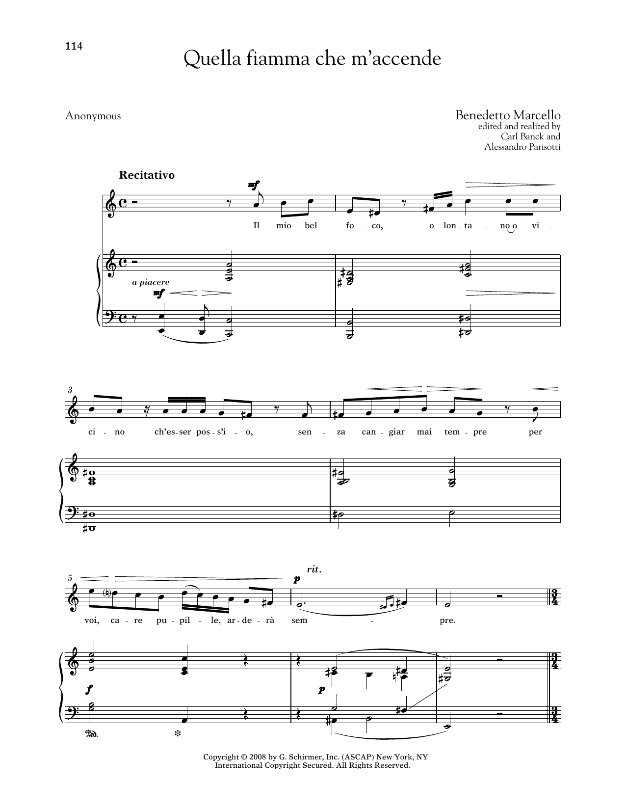 Benedetto Marcello Quella Fiamma Che M'accende (Medium High Voice) sheet music notes and chords arranged for Piano & Vocal