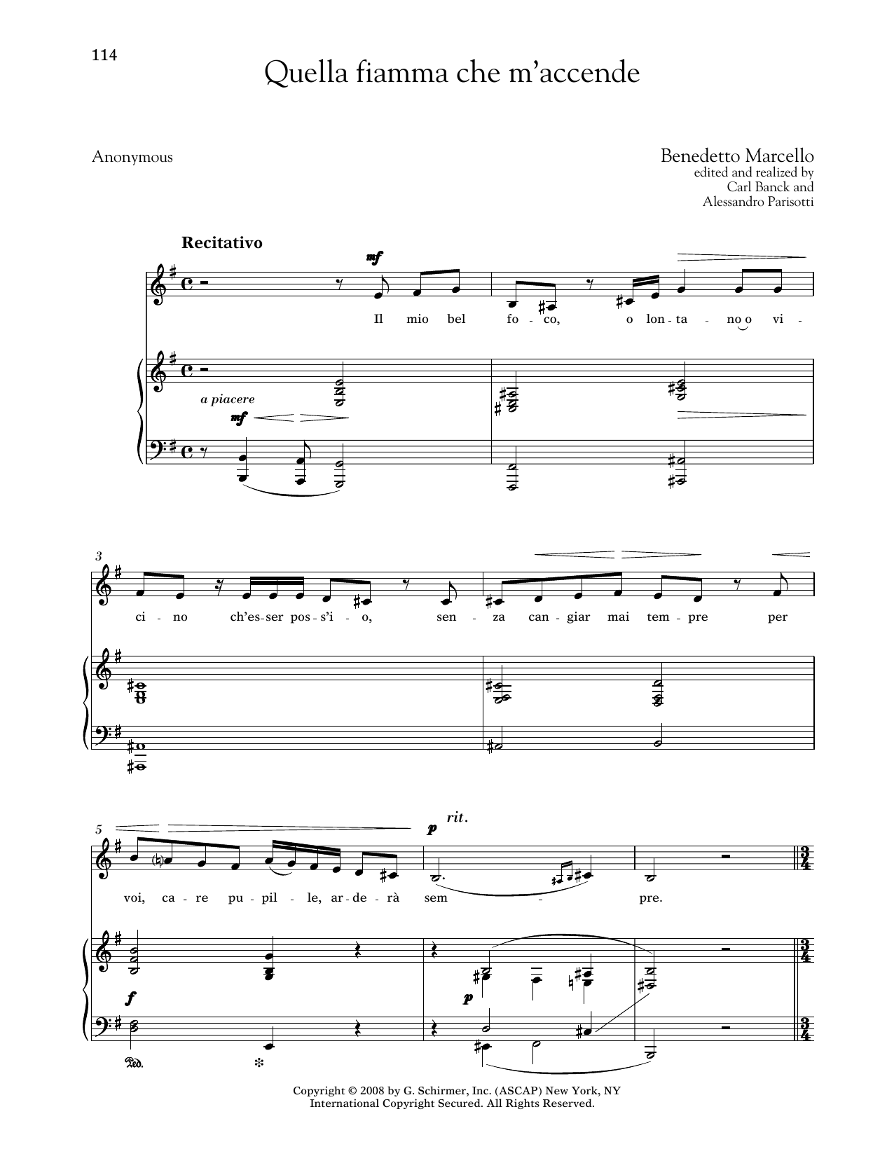 Benedetto Marcello Quella Fiamma Che M'accende (Medium Low Voice) sheet music notes and chords arranged for Piano & Vocal