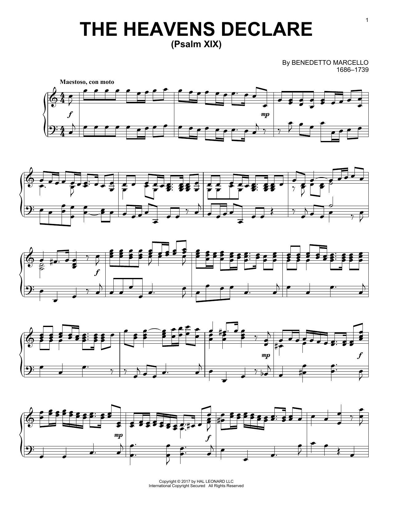 Benedetto Marcello The Heavens Declare (Psalm XIX) sheet music notes and chords arranged for Piano Solo