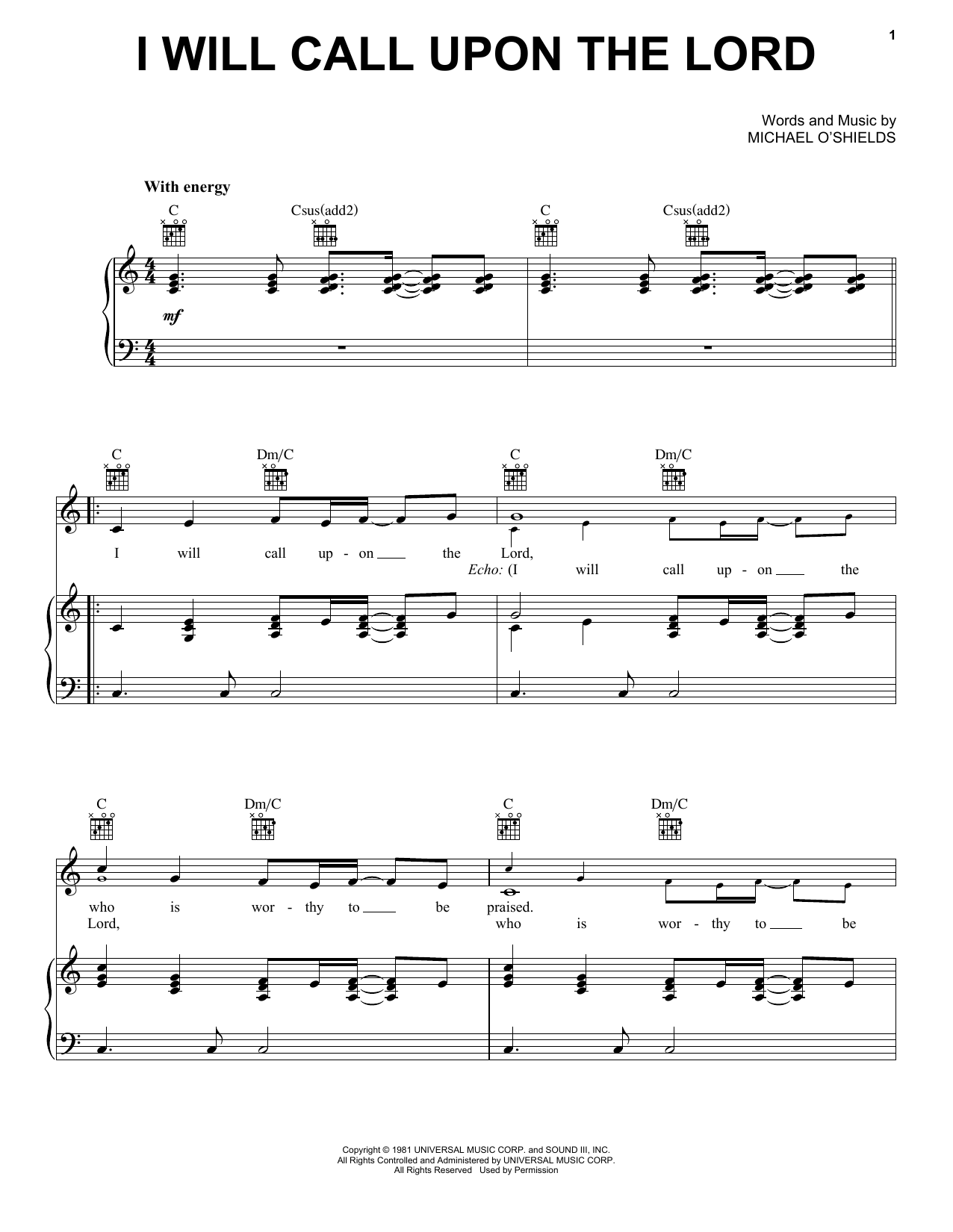 Benita Jones I Will Call Upon The Lord sheet music notes and chords arranged for Piano, Vocal & Guitar Chords (Right-Hand Melody)