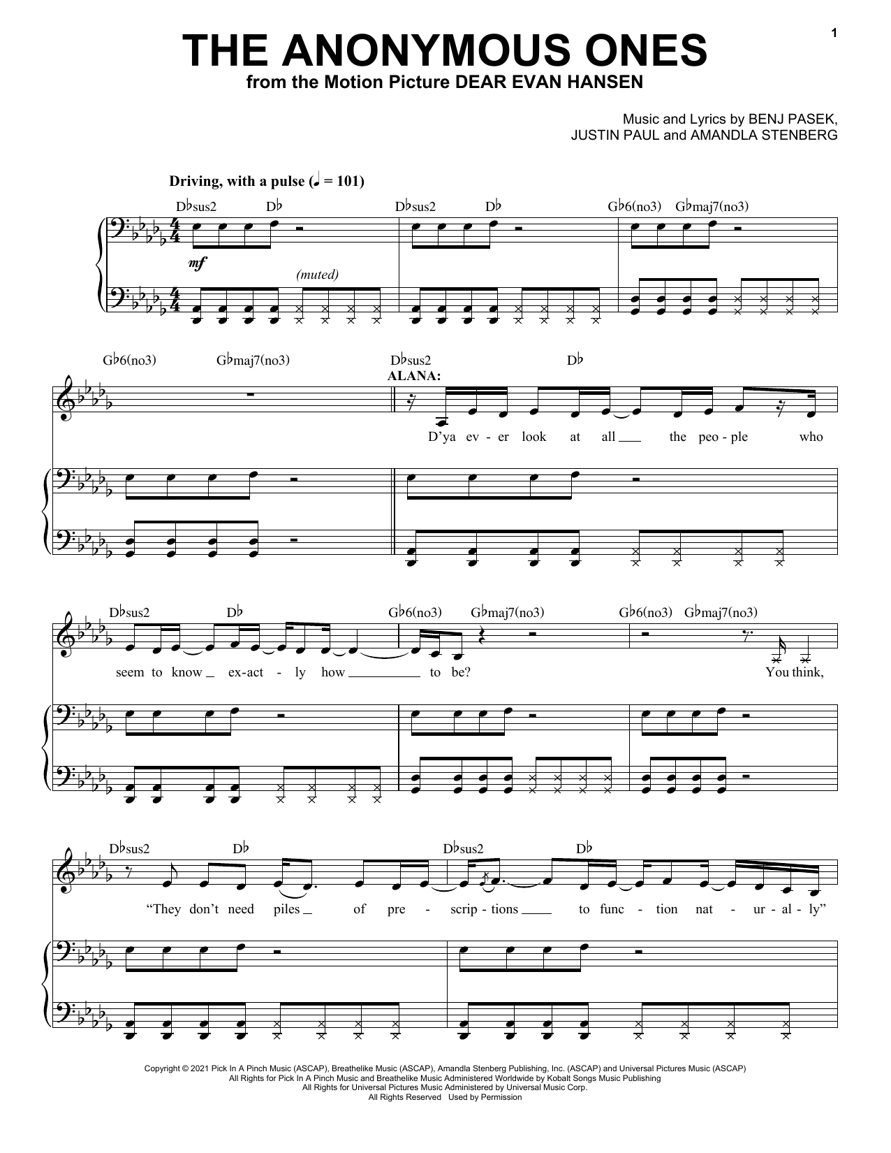 Benj Pasek, Justin Paul & Amandla Stenberg The Anonymous Ones (from Dear Evan Hansen) sheet music notes and chords arranged for Piano, Vocal & Guitar Chords (Right-Hand Melody)