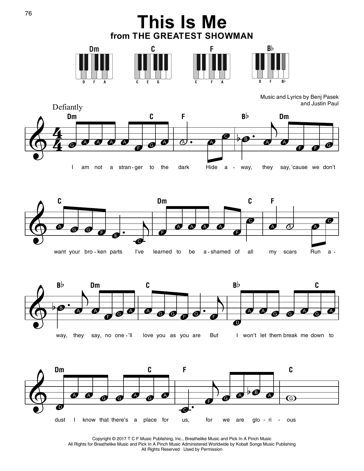 Benj Pasek This Is Me (from The Greatest Showman) sheet music notes and chords arranged for Super Easy Piano