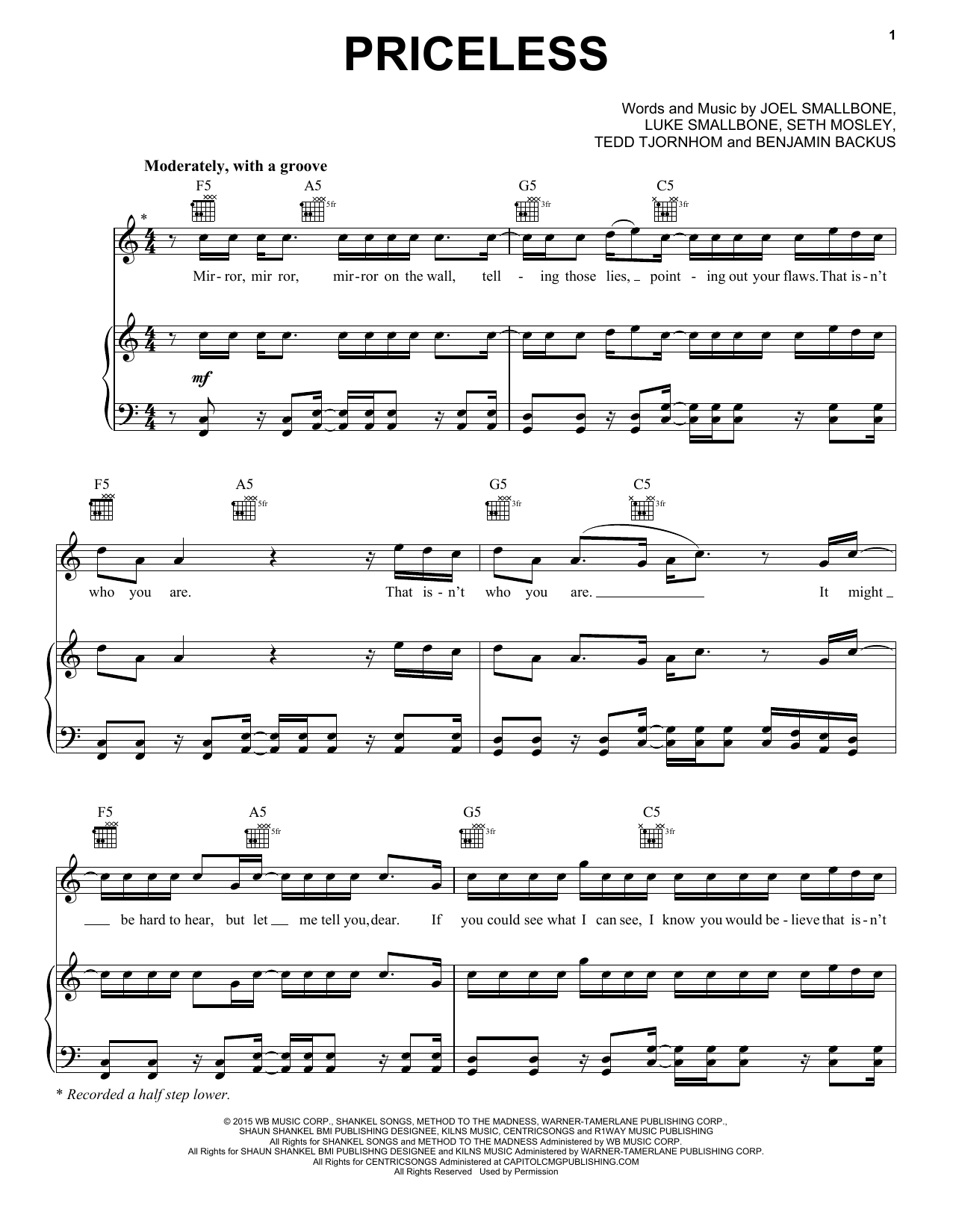 Benjamin Backus Priceless sheet music notes and chords arranged for Piano, Vocal & Guitar Chords (Right-Hand Melody)