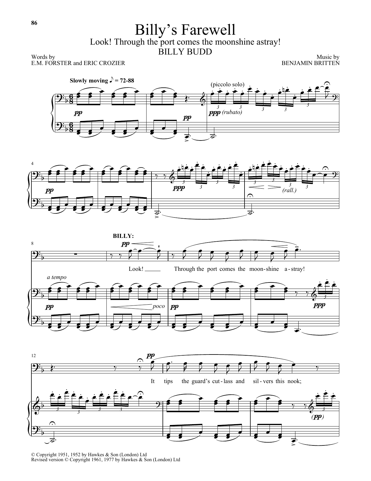 Benjamin Britten Billy's Farewell (Look! Through The Port Comes The Moonshine Astray!) sheet music notes and chords arranged for Piano & Vocal