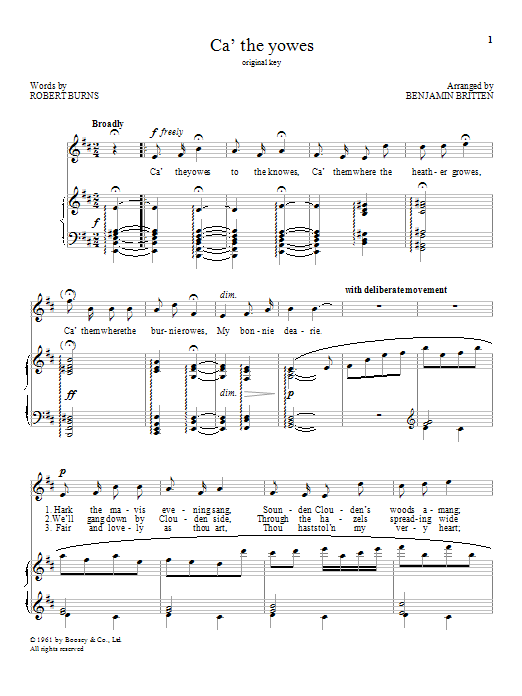 Benjamin Britten Ca' the yowes sheet music notes and chords arranged for Piano & Vocal