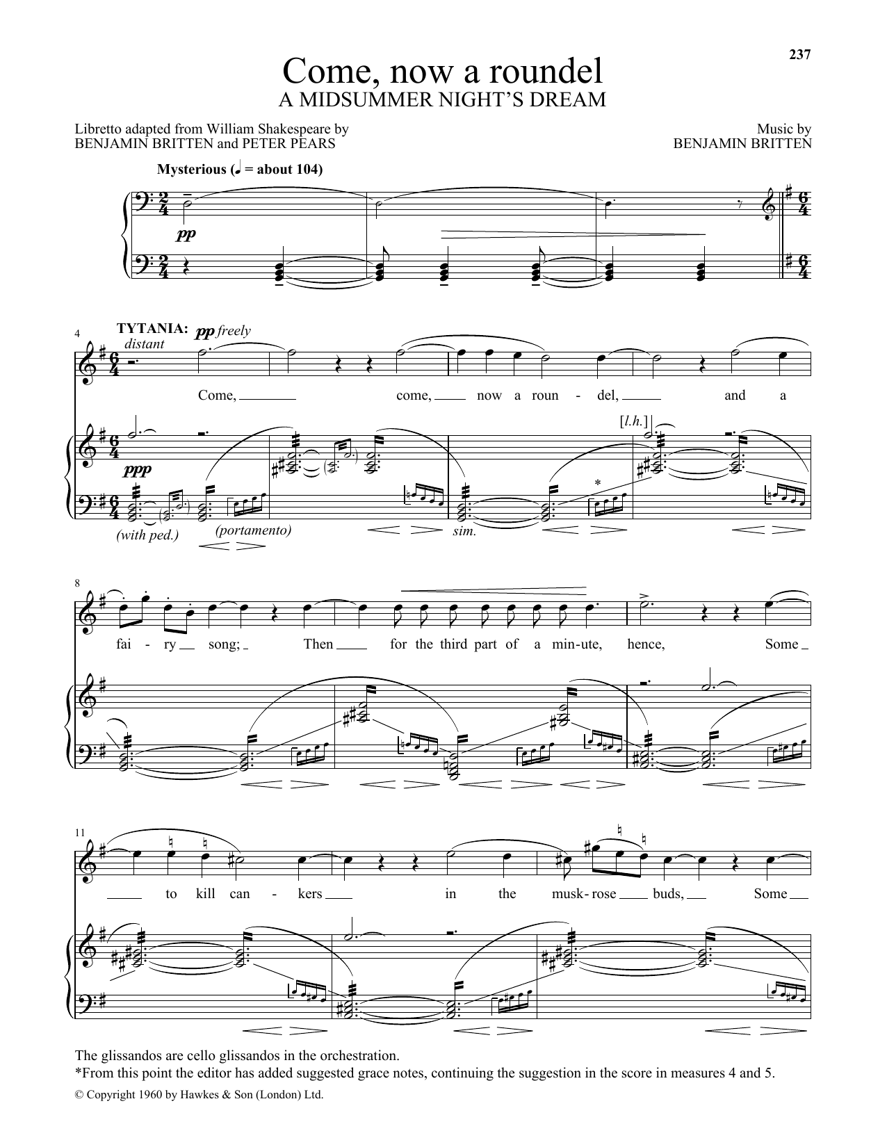 Benjamin Britten Come, Now A Roundel (from A Midsummer Night's Dream) sheet music notes and chords arranged for Piano & Vocal