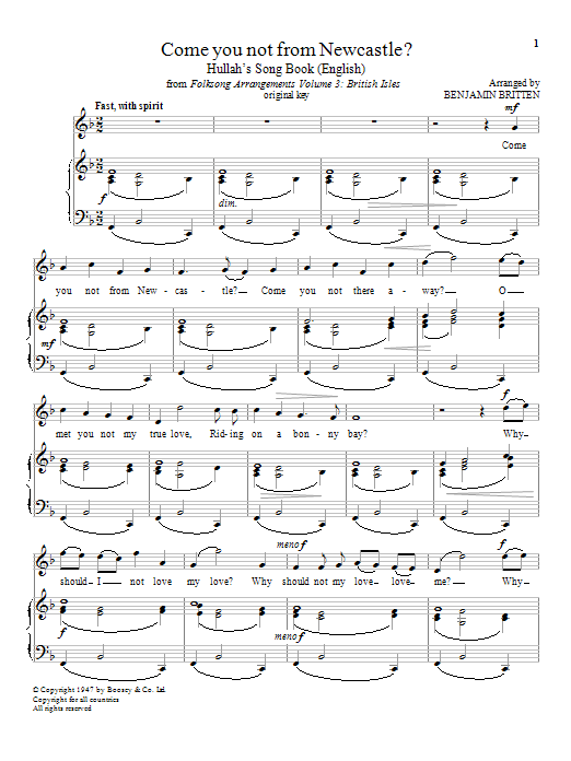 Benjamin Britten Come You Not From Newcastle? sheet music notes and chords arranged for Piano & Vocal