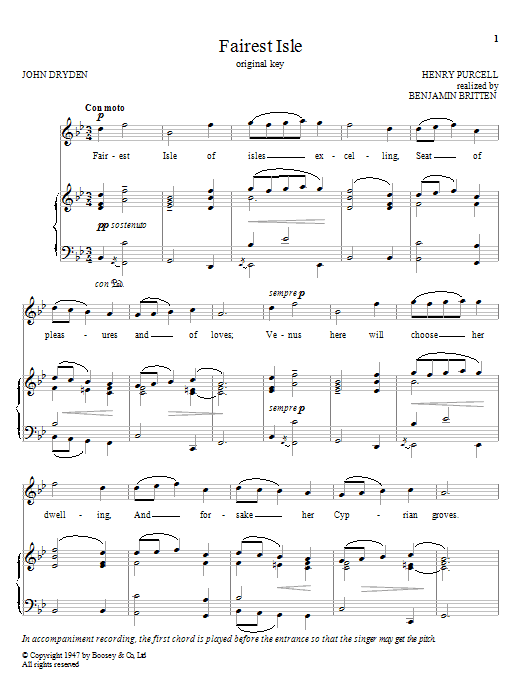 Benjamin Britten Fairest Isle sheet music notes and chords arranged for Piano & Vocal