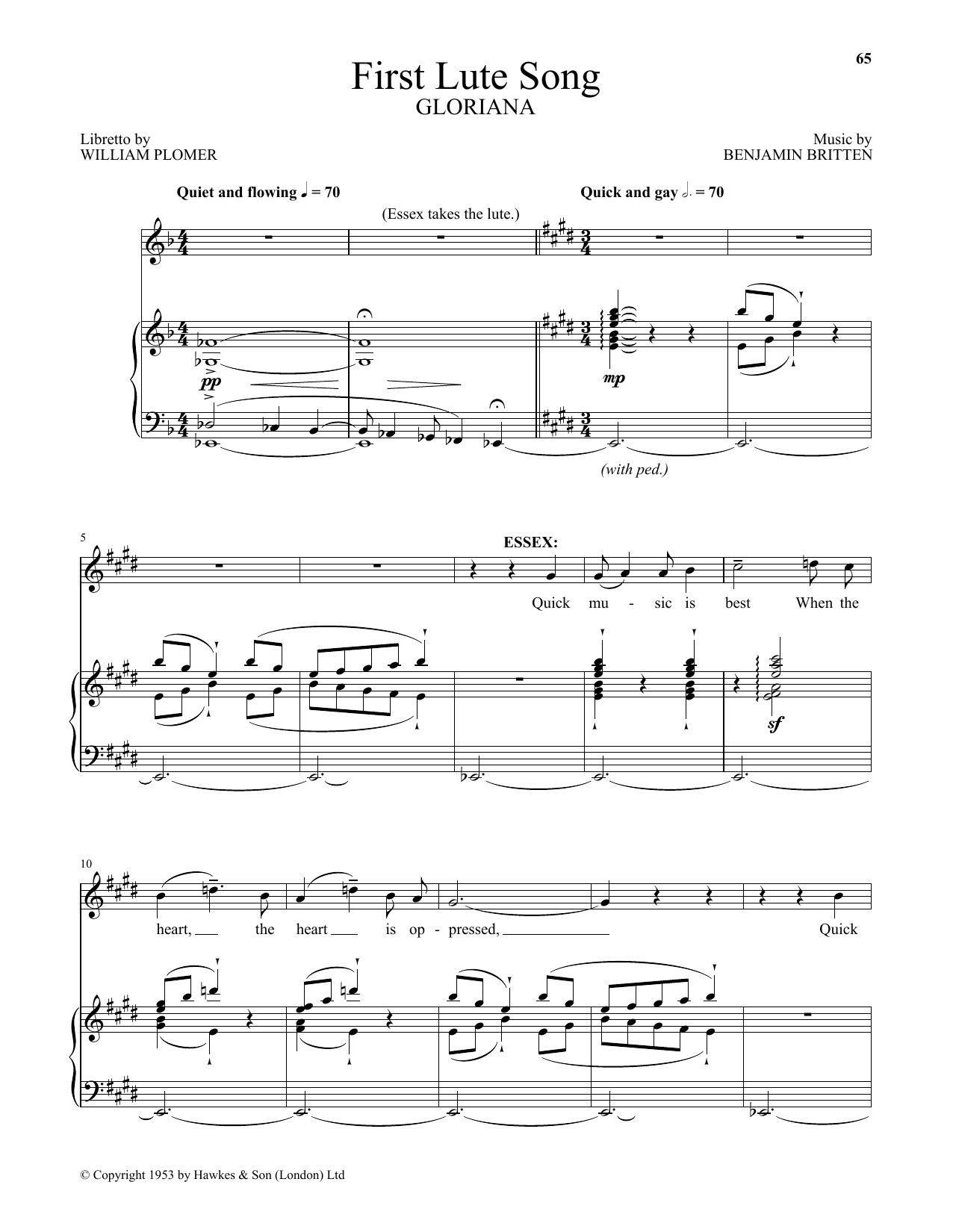 Benjamin Britten First Lute Song (from Gloriana) sheet music notes and chords arranged for Piano & Vocal
