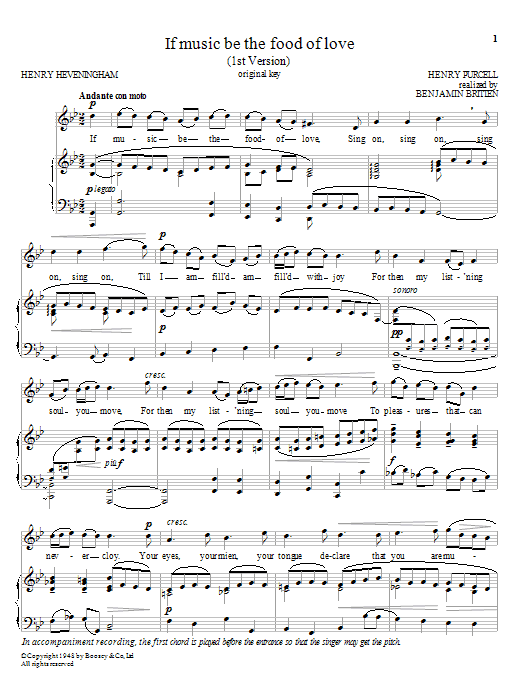 Benjamin Britten If Music Be The Food Of Love sheet music notes and chords arranged for Piano & Vocal