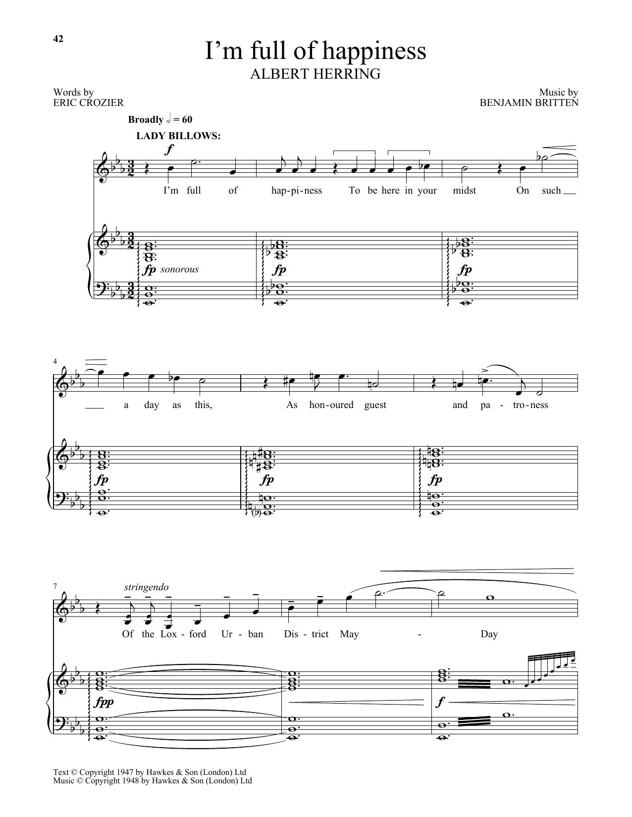 Benjamin Britten I'm full of happiness (from Albert Herring) sheet music notes and chords arranged for Piano & Vocal
