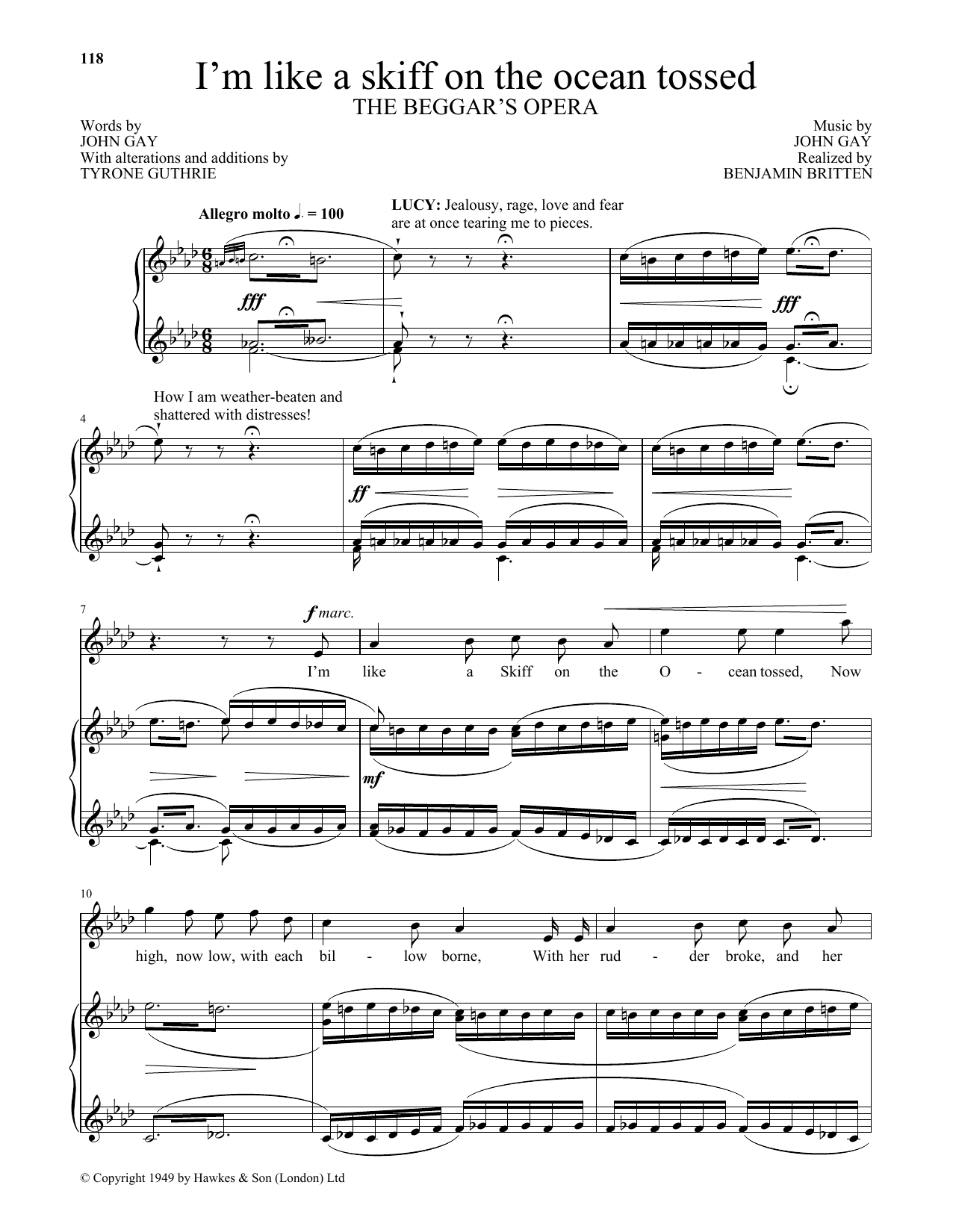 Benjamin Britten I'm like a skiff on the ocean tossed (from The Beggar's Opera) sheet music notes and chords arranged for Piano & Vocal
