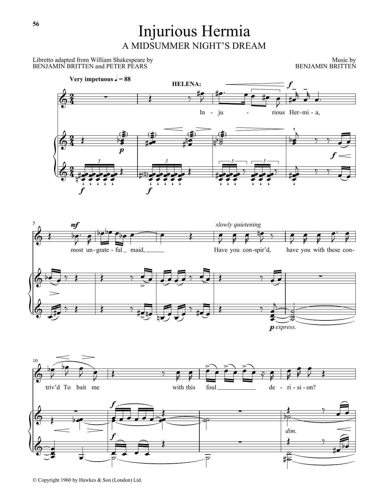 Benjamin Britten Injurious Hermia (from A Midsummer Night's Dream) sheet music notes and chords arranged for Piano & Vocal