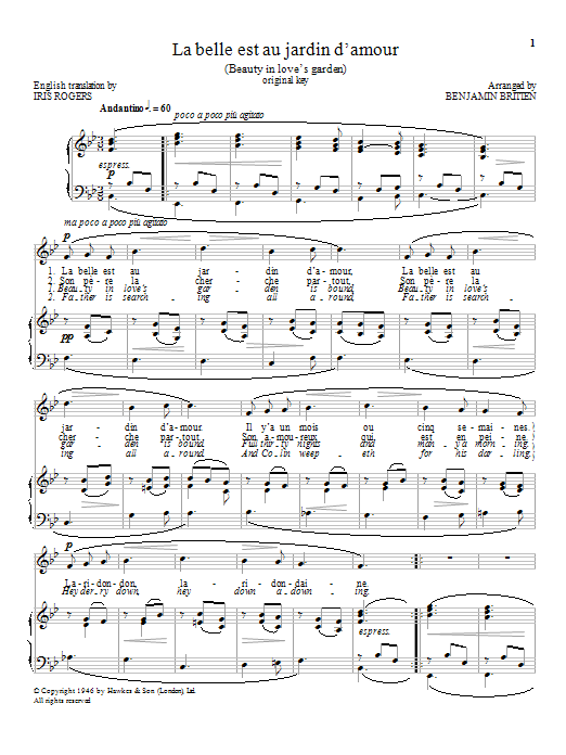 Benjamin Britten La belle est au jardin d'amour sheet music notes and chords arranged for Piano & Vocal