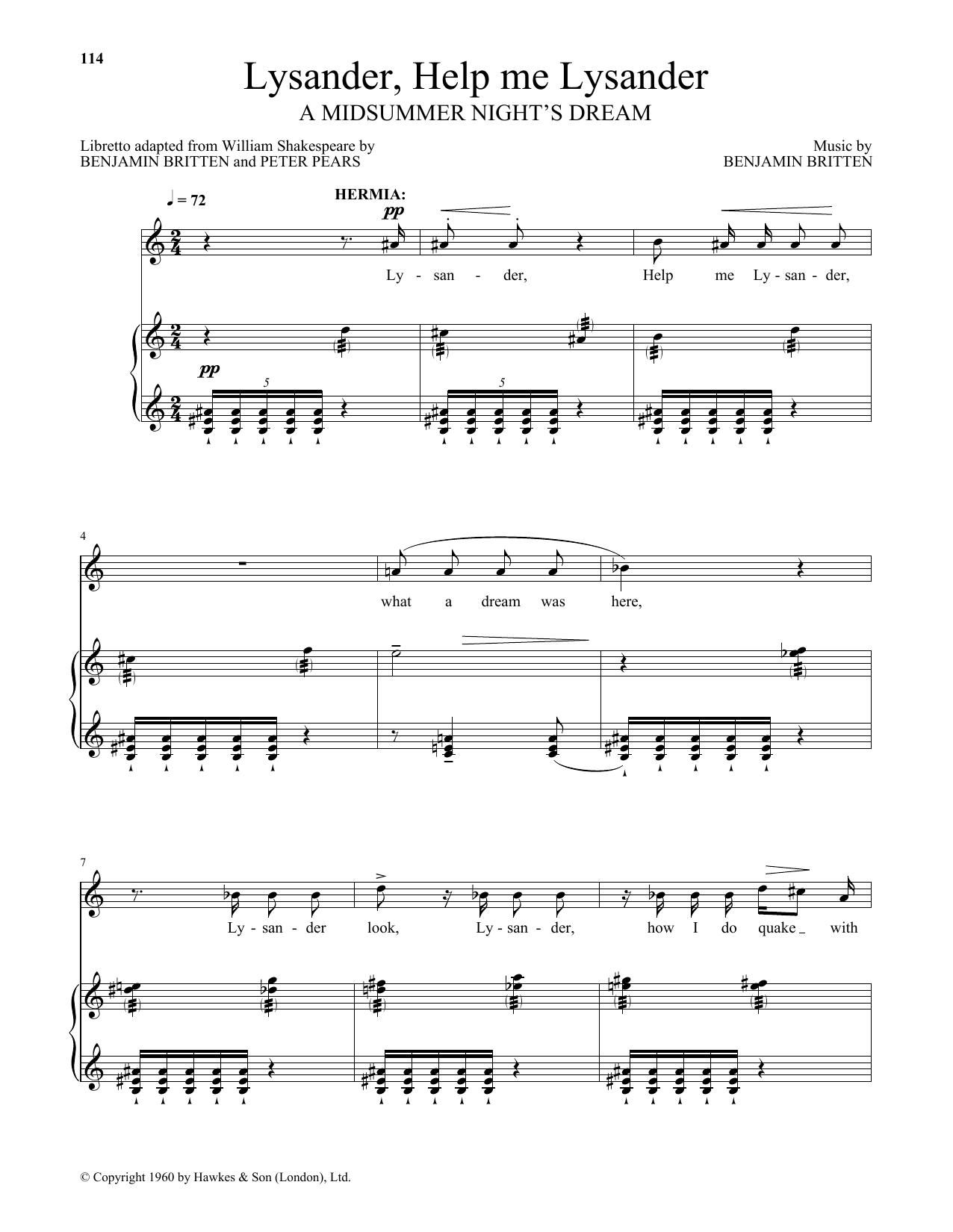 Benjamin Britten Lysander, Help me Lysander (from A Midsummer Night's Dream) sheet music notes and chords arranged for Piano & Vocal