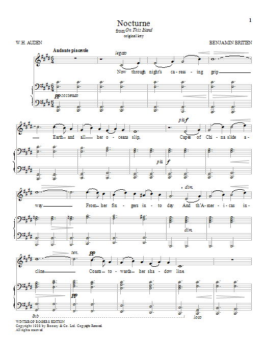Benjamin Britten Nocturne sheet music notes and chords arranged for Piano & Vocal