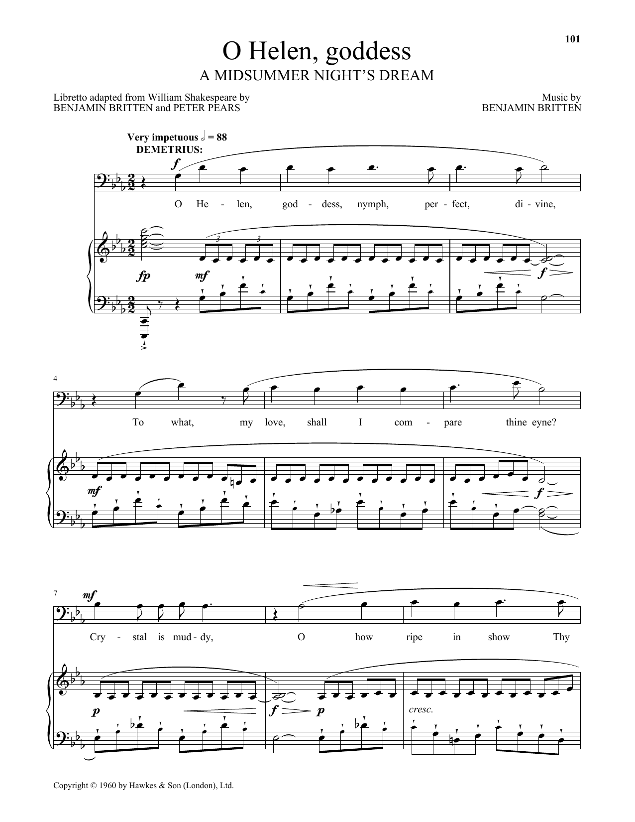 Benjamin Britten O Helen, goddess (from A Midsummer Night's Dream) sheet music notes and chords arranged for Piano & Vocal