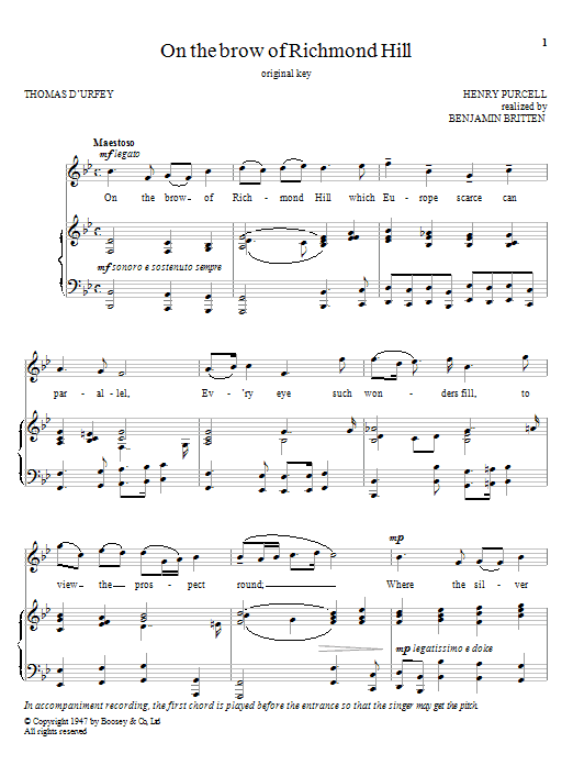 Benjamin Britten On The Brow Of Richmond Hill sheet music notes and chords arranged for Piano & Vocal