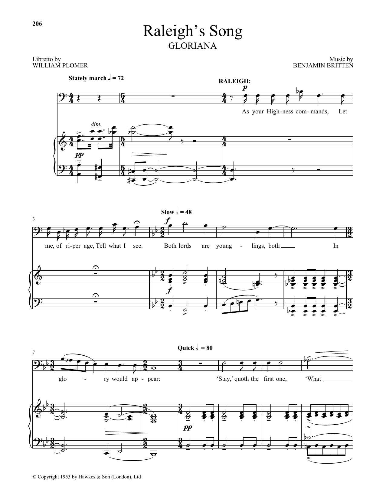 Benjamin Britten Raleigh's Song (from Gloriana) sheet music notes and chords arranged for Piano & Vocal