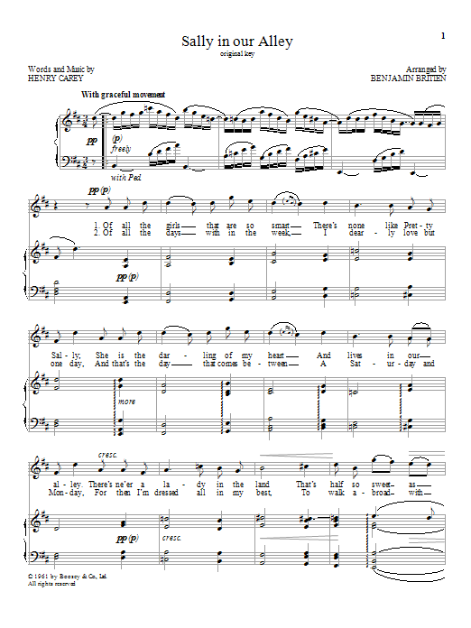 Benjamin Britten Sally in our Alley sheet music notes and chords arranged for Piano & Vocal