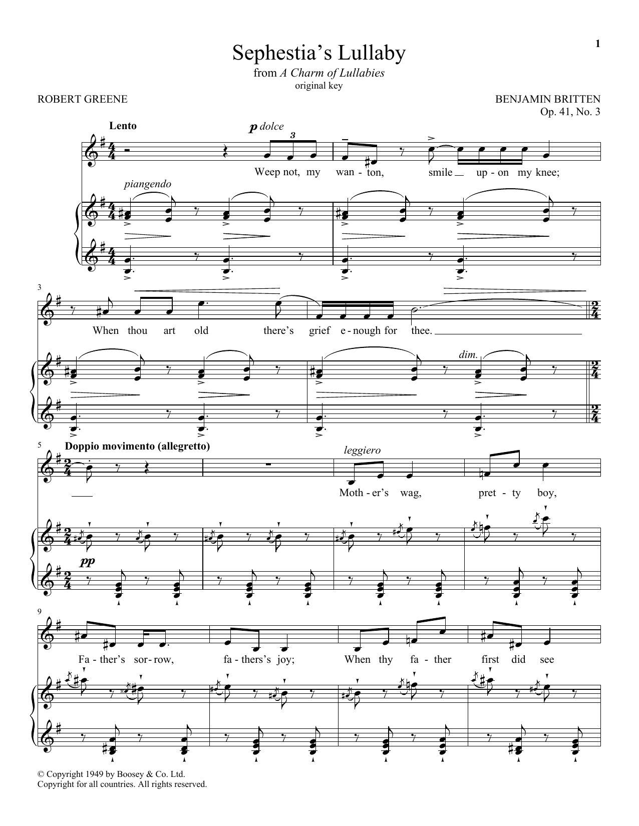 Benjamin Britten Sephestia's Lullaby sheet music notes and chords arranged for Piano & Vocal
