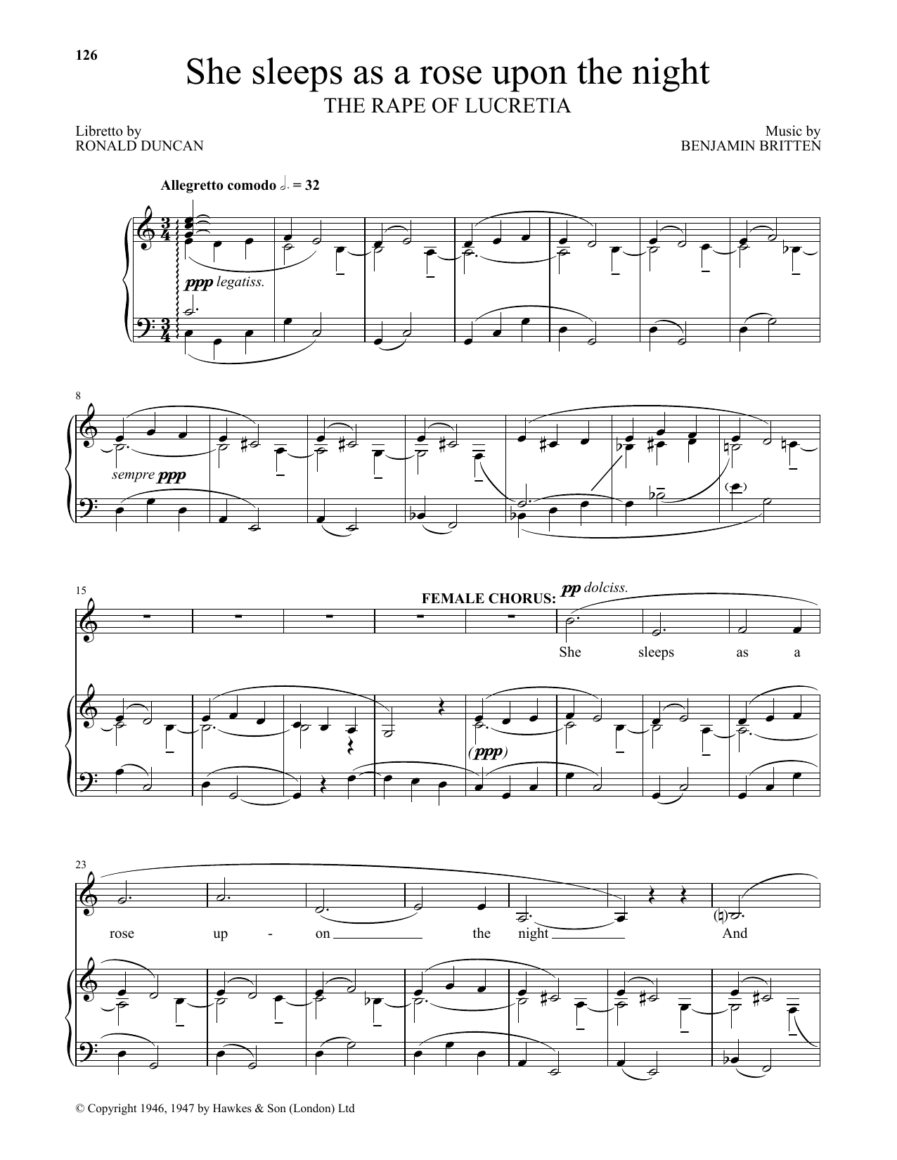 Benjamin Britten She sleeps as a rose upon the night (from The Rape Of Lucretia) sheet music notes and chords arranged for Piano & Vocal