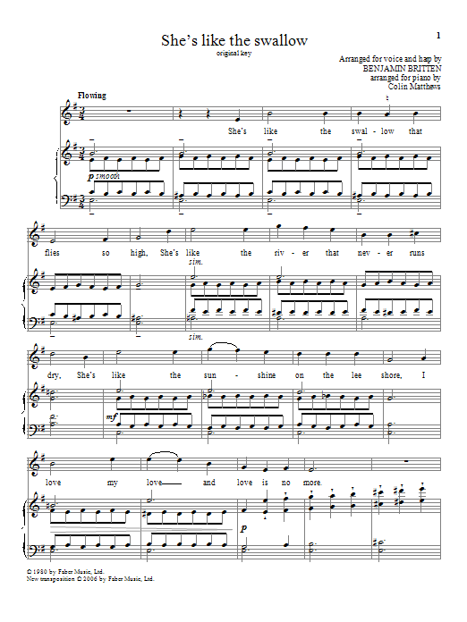 Benjamin Britten She's like the swallow sheet music notes and chords arranged for Piano & Vocal