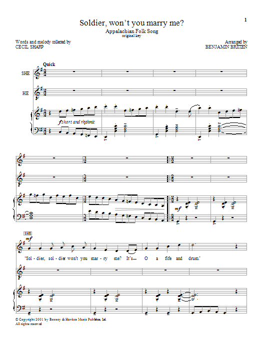 Benjamin Britten Soldier, won't you marry me? sheet music notes and chords arranged for Performance Ensemble