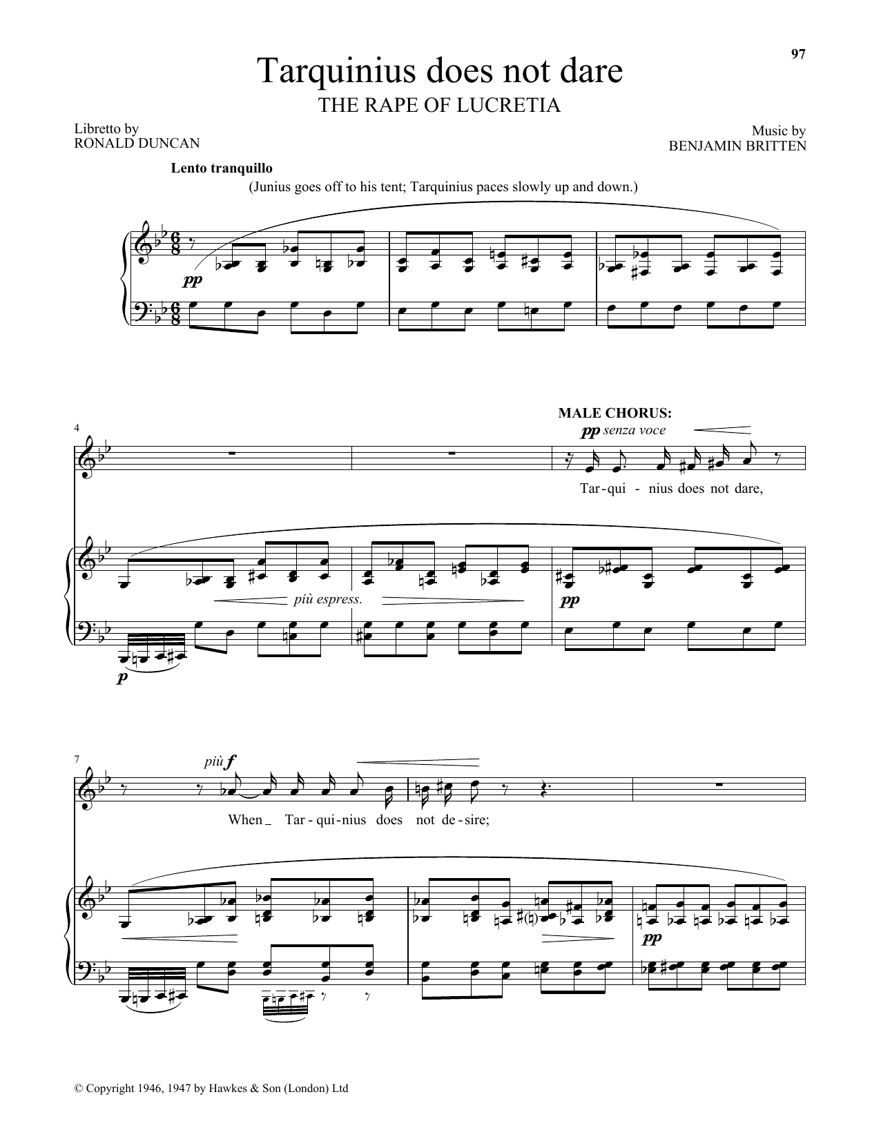 Benjamin Britten Tarquinius does not dare (from The Rape Of Lucretia) sheet music notes and chords arranged for Piano & Vocal
